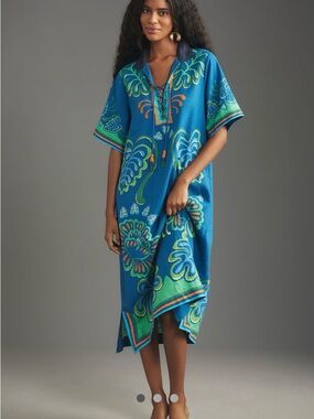 FARM Rio Blue & Green Lace-Up Printed Caftan